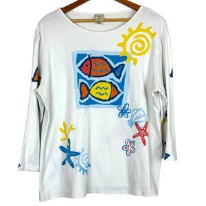 Jess & Jane XL Top Tropical Fish Print Cotton Scoop Neck 3/4 Sleeve Embellished